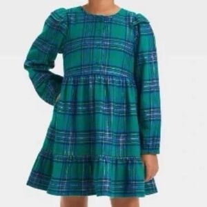Girls Cat & Jack Green/Blue Plaid Flannel Long Sleeve Dress Size XS (4/5)